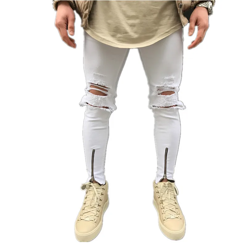 Обтягивающие джинсы, облегающие мужские джоггеры из денима с молнией на лодыжке, брюки, колготки, хип-хоп рваные джинсы, мужские уличные синие, белые - Цвет: white