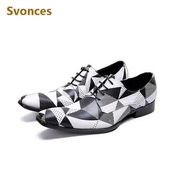 

2018 New Black&White Checkered Lace-up Men Shoes Fashion Square Toe Casual Designer Flats Genuine Leather Comfortable Shoes Man