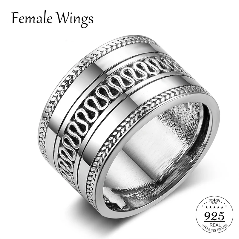 

FEMALE WINGS Antique Finger Jewelry 925 Sterling Silver Women Men Leaves Wide Ring Band Party Thai Silver Rings Anillos FR135