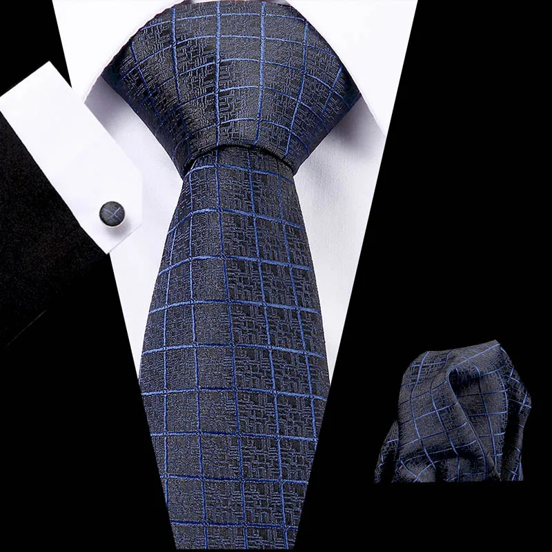 

Vangise Brand New Luxury blue Plaid Tie Set 7.5cm Necktie Gravata Pocket Square Handkerchief Cufflinks Suit For Wedding