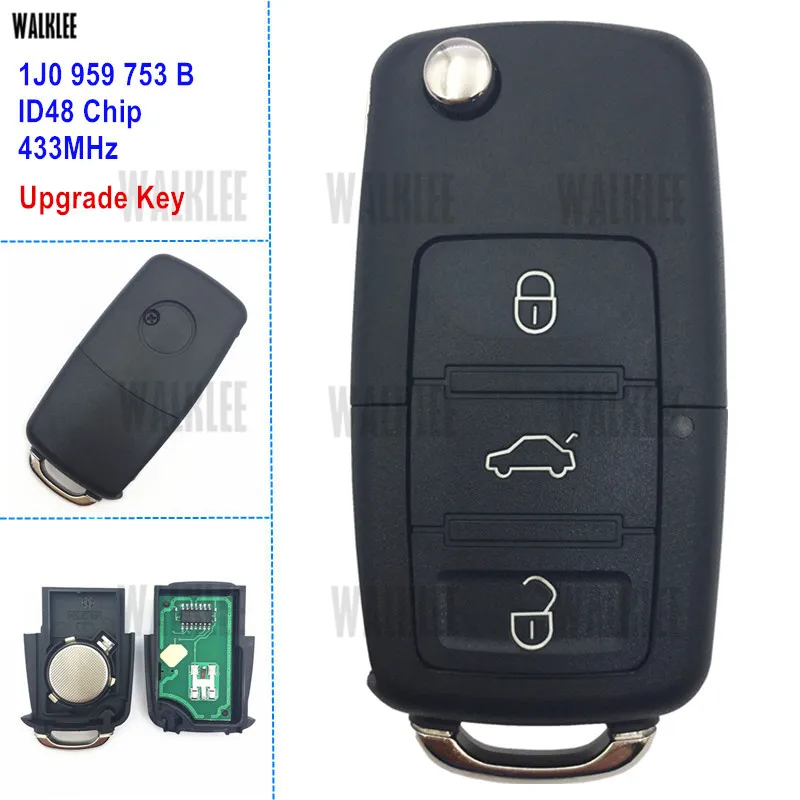 

WALKLEE 1J0959753B 1J0 959 753 B 1JO Upgrade Remote Key 433MHz suit for VW/VOLKSWAGEN BEETLE BORA GOLF PASSAT POLO