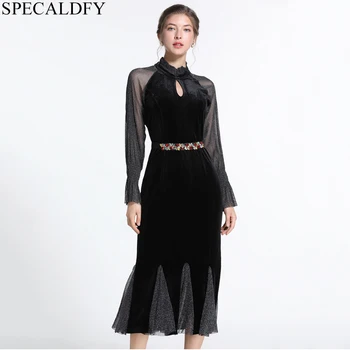 

2020 Spring Women Clothes Plus Size 3XL Velvet Dress Women Long Sleeve Beading Vintage Mermaid Dress Sexy Evening Party Dresses