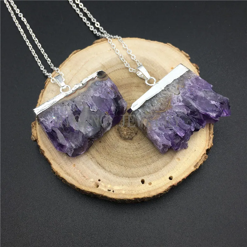 MY0861 Purple Crystal Quartz Stalactite Slice Cluster Pendant Necklace,Amethysts Druzy Silver Electroplated Pendant Silver Chain Necklace (1)