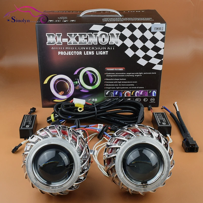 Car Styling Automobiles 28 inches Spirals Firewheel Double Angel Eyes Halo HID Bi xenon Lens Projector Headlights Kit LHD RHD