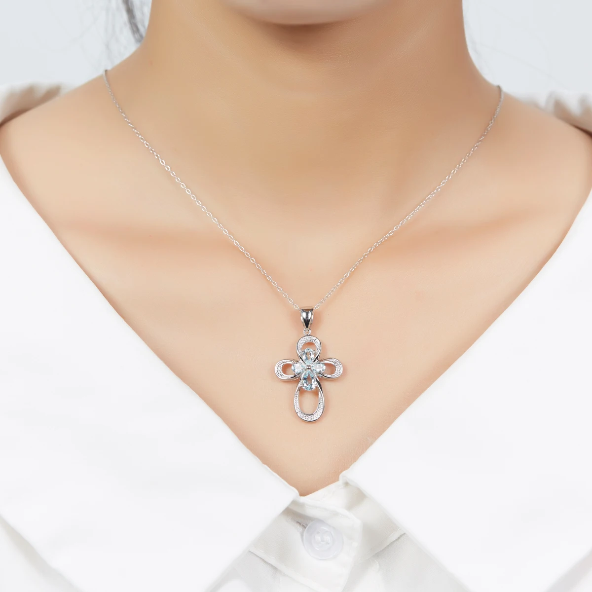 

Hutang Natural Aquamarine & Diamond Pendant Necklace Solid 925 Sterling Silver Gemstone Fine Jewelry for Women Birthday Gift