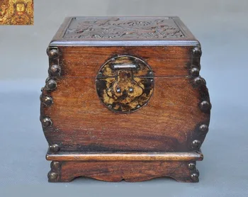 

wedding decoration 8" Chinese Huanghuali Old Wood Hand-carved lotus Crane statue Storage Box Boxes