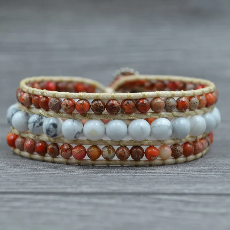 

Asingeloo Boho Howlite Natural Stone Beads Leisure 3 Wrap Thread Friendship Weave Yoga Handmade Bracelets for Girls Women