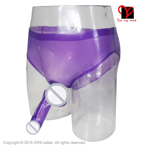 Sexy Transparent Purple Latex briefs with glued penis sheath Rubber underwear with condom pants Shorts KZ-020