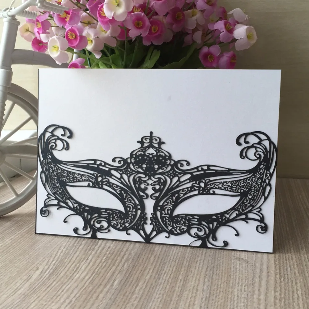

12pcs Black Laser Cut Mask Design Place Cards Wedding Name Cards Wine Glass Wedding Event Laser Cut Invites Party Suppliers