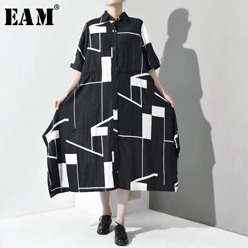 

[EAM] 2019 New Spring Summer Lapel Half Sleeve Black Pattern Printed Drawstring Loose Long Shirt Dress Women Fashion Tide JQ8580