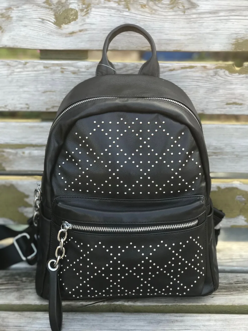 Kafunila black rivet backpack genuine leather women's backpacks Fashion