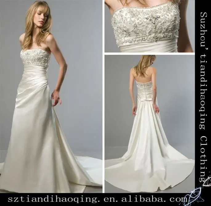 A Line Neckline Draped Bodice Hand Sew Beaded On Bust Ruffle Satin