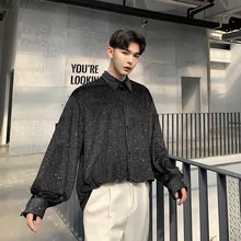 Мужская Уличная Хип-хоп розовая черная Повседневная рубашка Мужская бархатная блестящая Свободная рубашка с длинным рукавом