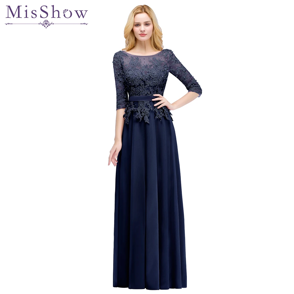 

Modest Long Mother of The Bride Dresses Navy Blue Chiffon Applique 3/4 Sleeved Banquet Evening Formal Dress Robe De Soiree