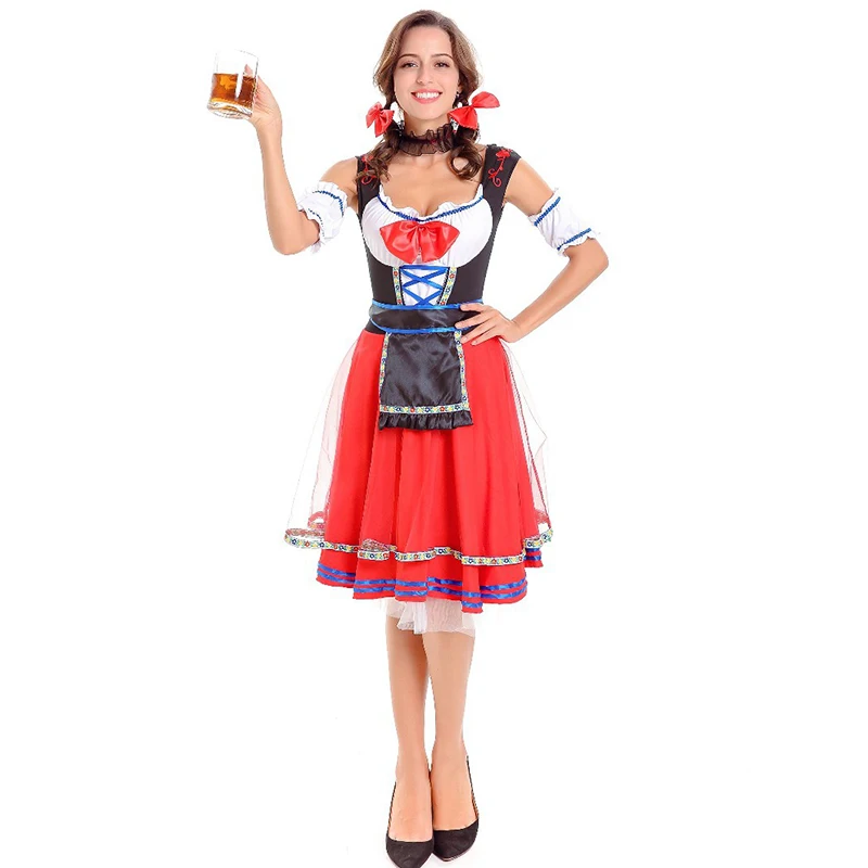 Red German Beer Girl Outfit Adult Bavarian Dirndl Dress Oktoberfest Beer Festival Sexy Maid