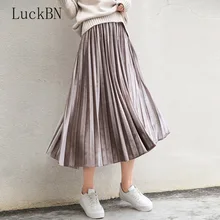 Весенняя женская длинная Плиссированная Юбка Макси цвета металлик и серебра, юбка миди с высокой талией, Повседневные Вечерние юбки Harajuku, бархатная Осенняя юбка