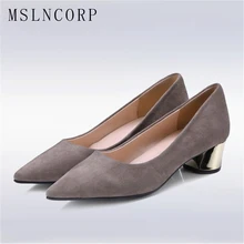 Plus Size 34-43 Fashion Stylish Pointed Toe Pumps Women Shoes Metal Thick High Heels Lady Slip on Flock Dress Party Casual Shoes