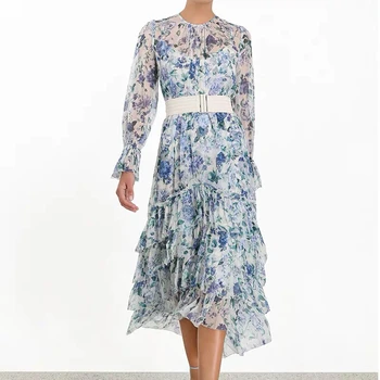 

High Quality 2019 Cake Dress Sexy Celebrity Flare Sleeve Ruffles Women Full O Neck Sashes Beach Style Dresses Wholesale