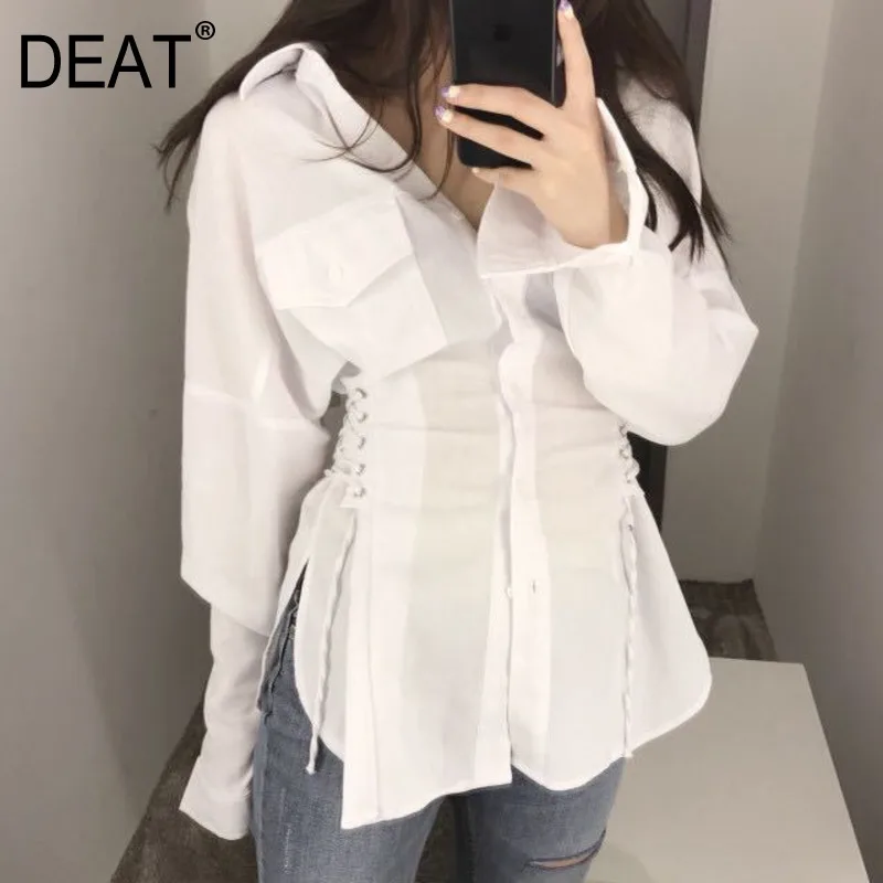 

[DEAT] 2018 Autumn New Arrival Fashion Long Sleeve Lace-up Turn-down Collar Pockets Split Hem Women Shirt Lady Blouse KB764