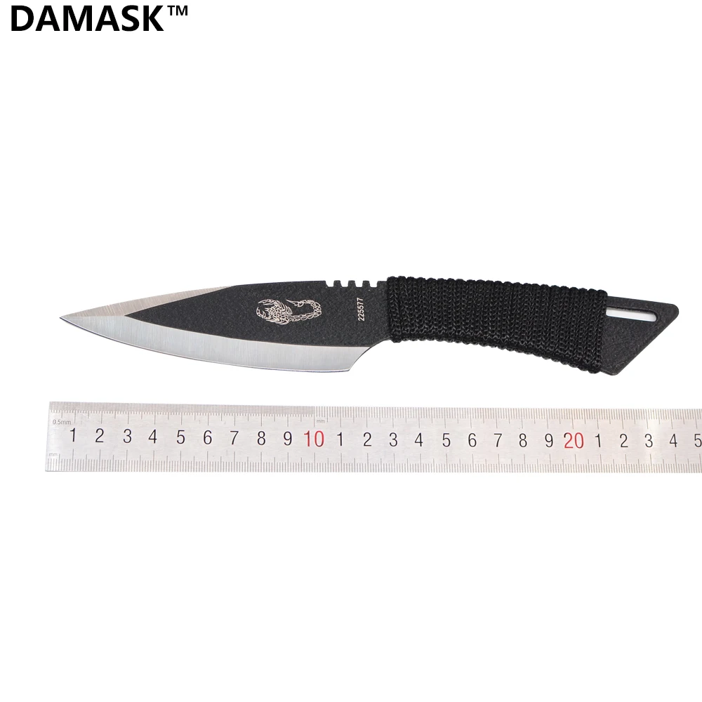 Serrated Edge Rope Handle Knife Damask Fixed Blade Knife Stainless