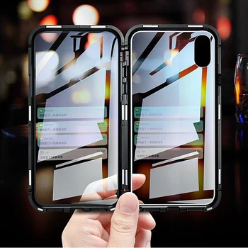 

Magnetic Adsorption Metal Case For iPhone X XS 7 8 Plus Magnet Tempered Glass Phone Cases For iPhone XS Max 8 7 Clear Flip Cover