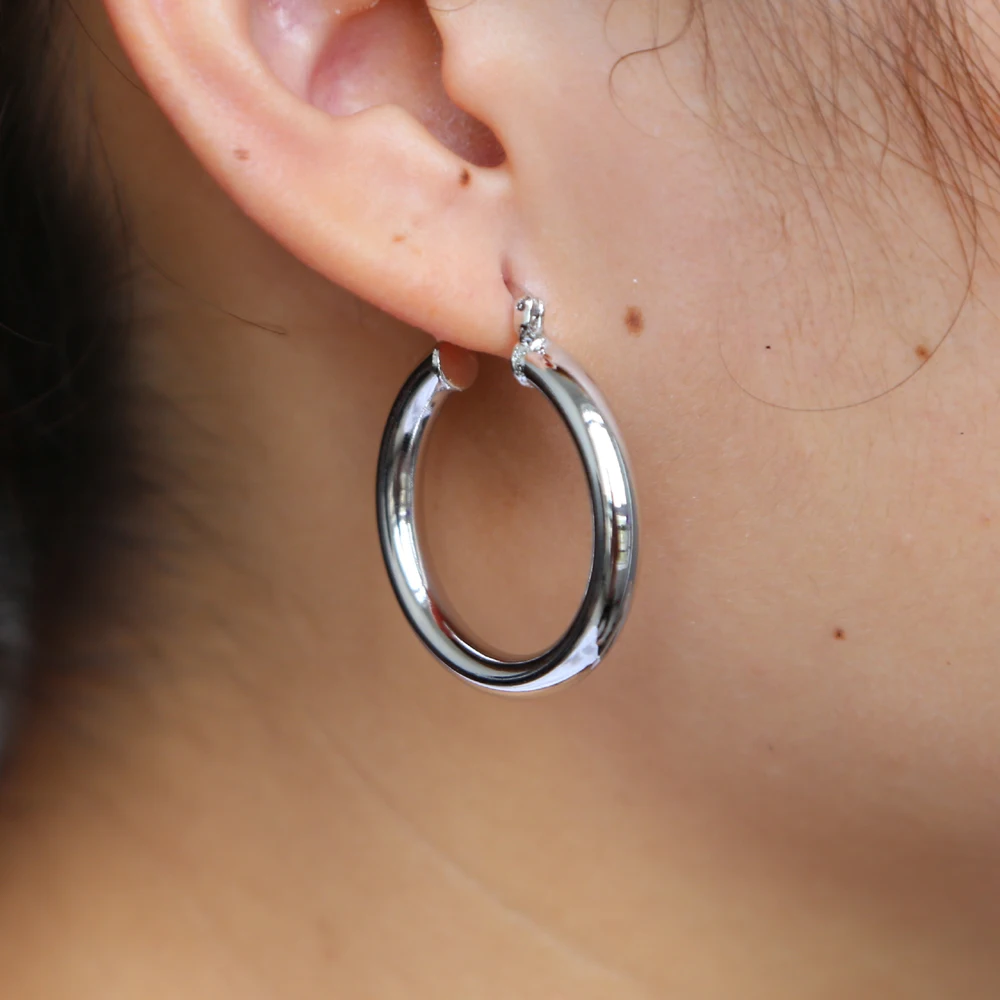 30 мм Гладкие серьги-кольца, серебряные серьги, латунные серьги-кольца, модные классические женские серьги-кольца среднего размера