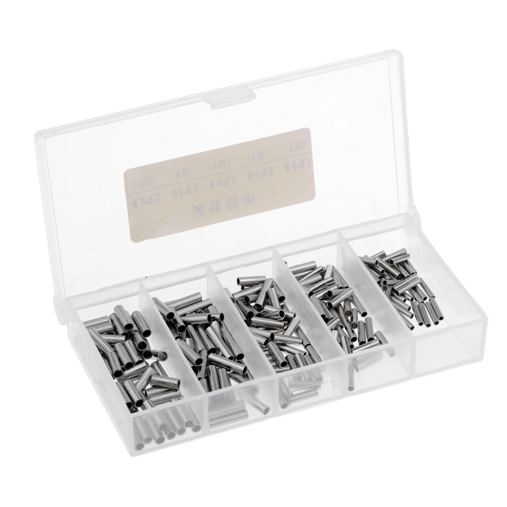 250 Pieces Fishing Single Barrel Crimp Sleeves Connectors Fishing Tackle Rigs Suit with Tackle box Fishing Accessories