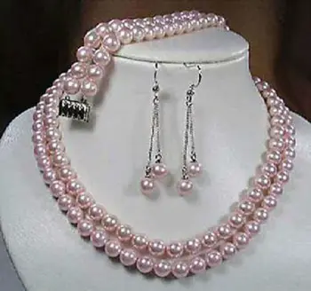 New Women Fashion 2Rows 8mm Pink South Sea Shell Pearl Necklace bracelet Earrings Set AAA Grade Wholesale and retail