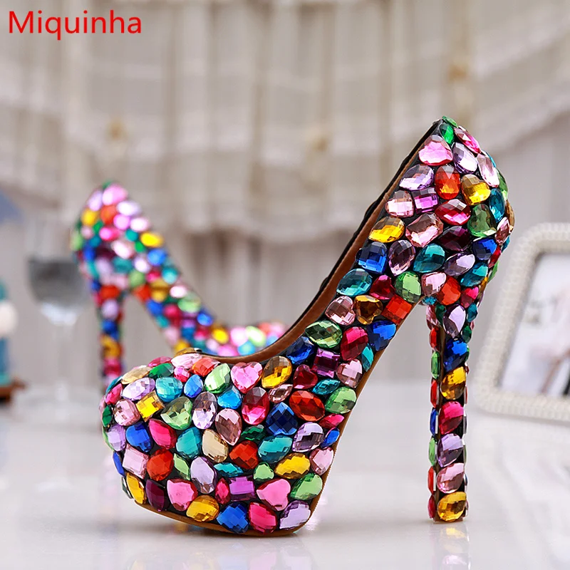 Miquinha Candy Color Crystal Embellished High Thin Heel Stiletto Shallow Women Pumps Jeweled Decor Party Wedding Bridal Shoes