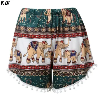 

KLV Summer Ethnic Colored Elephant Print Shorts Pompom Tassels Hem Beach Pants High Waist Wide Leg Casual Lounge Boardshorts