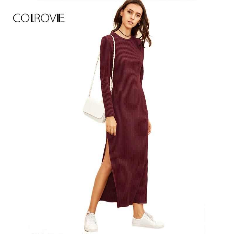 

COLROVIE Winter Dresses for Women European Style Women Fall Dresses Burgundy Knitted Long Sleeve High Slit Ribbed Dress