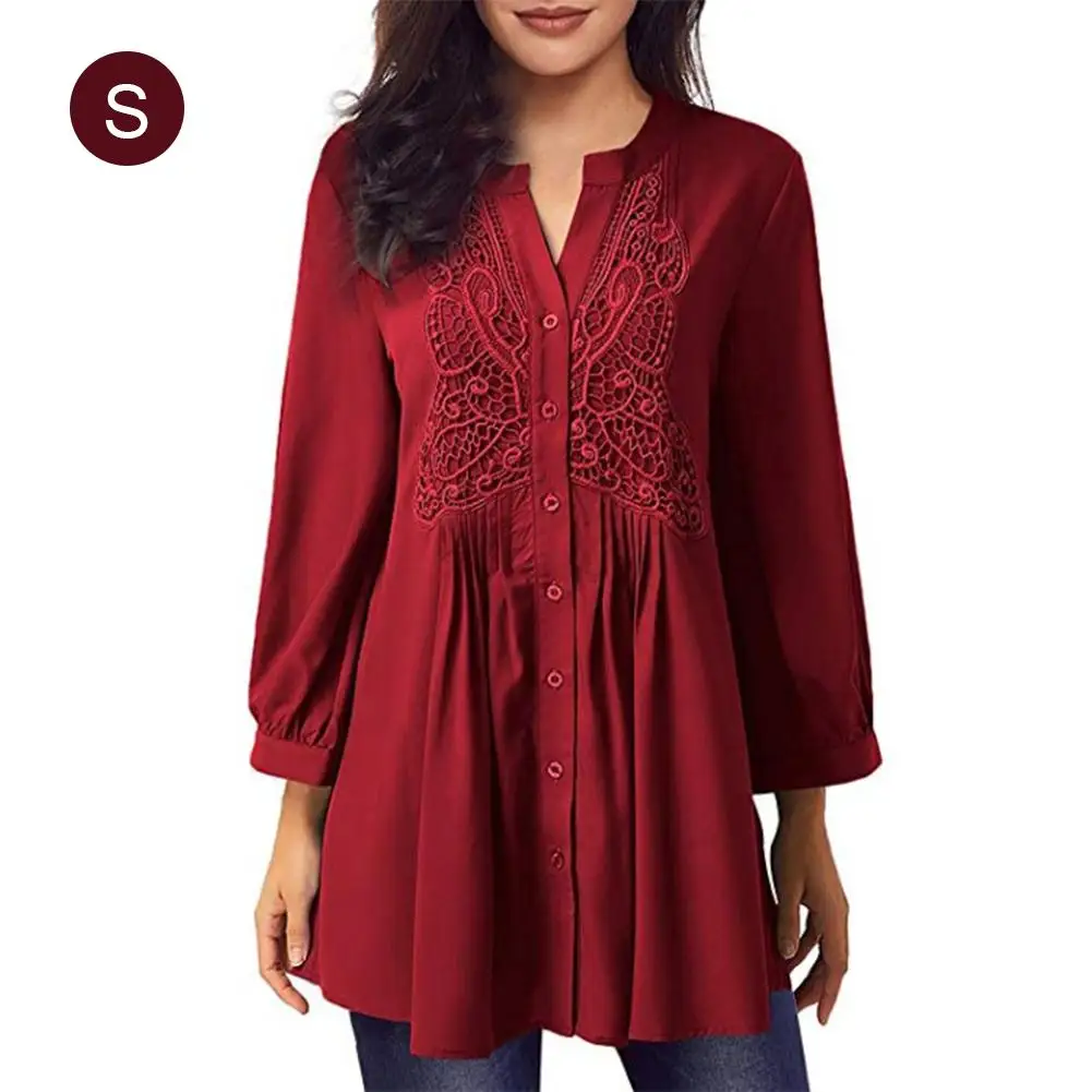 

New Autumn Spring Tops Chiffon V-Neck Casual Long Sleeve Shirts Cropped Sleeve Lace Solid Plain Color Work Wear Office Shirt