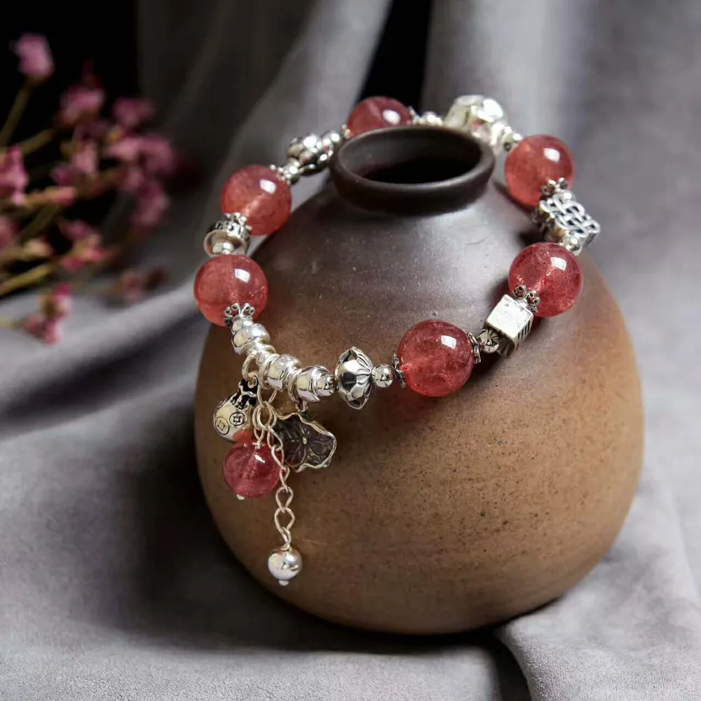 

100% Natural Natural strawberry crystal hand string bracelet 999 sterling silver drop pendant lady genuine noble grade specil