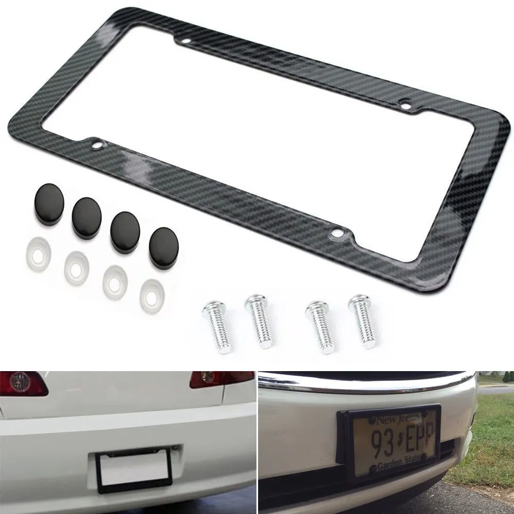 VEHEMO 2Pcs carbon fiber Car Part Black License Plate Frame Plate Frame Cover Car License Plate