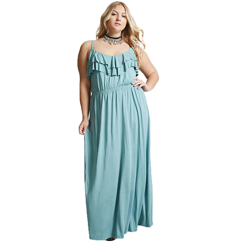2017 New Fashion Plain Summer Plus Maxi Dress Women Spaghetti Strap