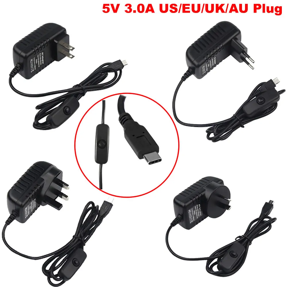 

Raspberry Pi 4 Power Supply Adapter ON/OFF Switch USB-C 5V 3.0A US/EU/UK/AU Plug
