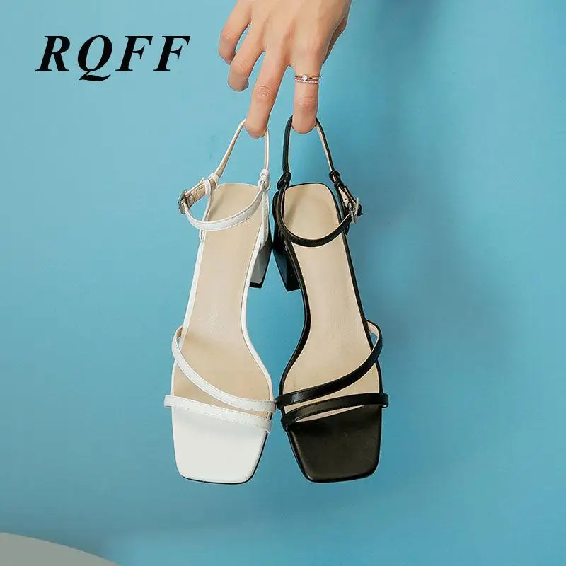 

Womans Sandals Summer Woman Shoes Handmade Dress Basic Solid Tpr Buckle Strap High Heels Square Block Heels Black White Sandal