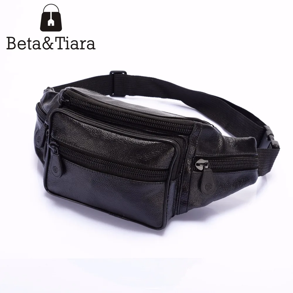 Black Genuine Leather Fanny Pack Men Travel Bags Messenger Bags Cell