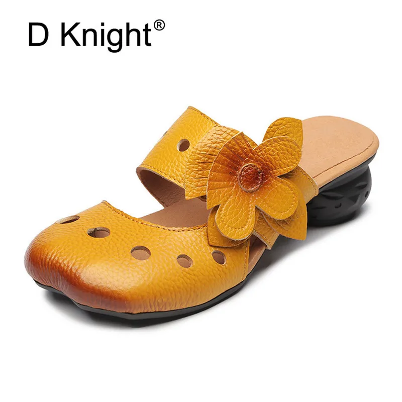 2018 Original Retro Handmade Women Slippers Summer Cow Leather Soft Bottom High Med Heels Slides Flower Hollow Out Female Sandal (14)