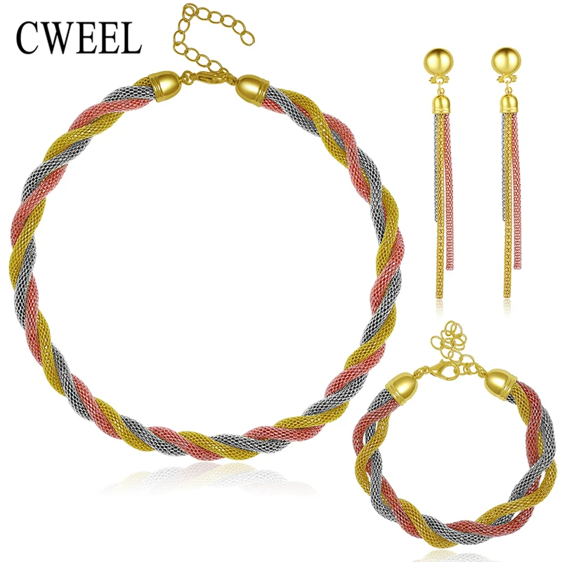 African Beads For Jewelry Sets Women Imitated Crystal Necklace Earrings 3 Color Gold Plated Pendant Wedding Dress Accessories
