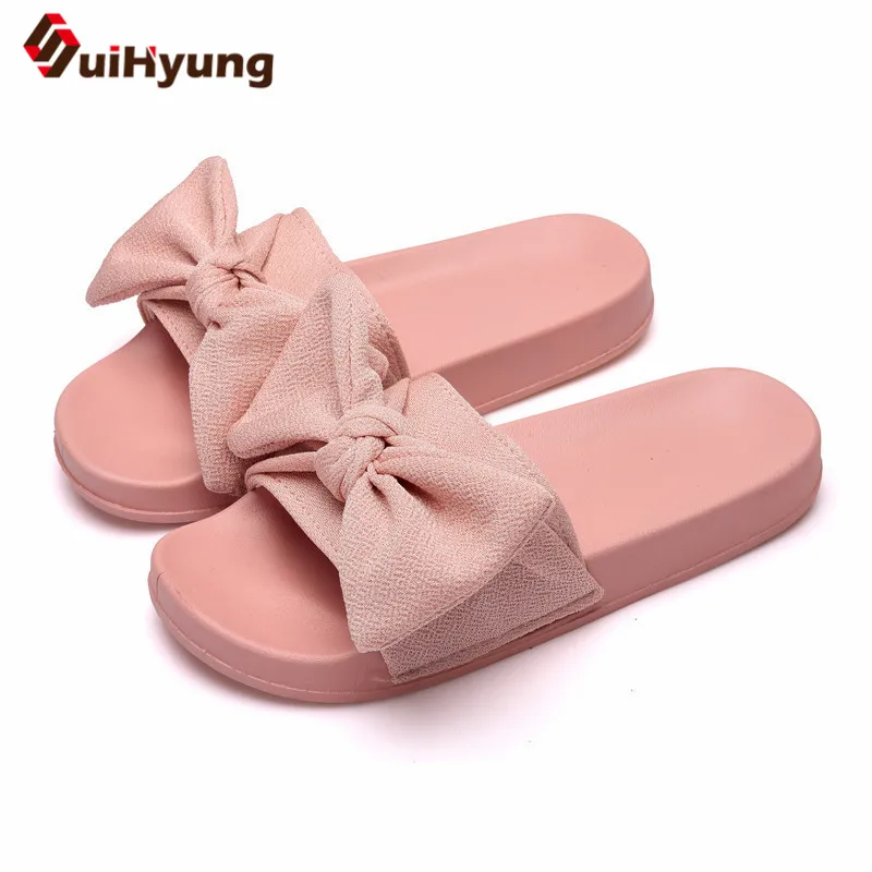 

Suihyung Summer Slippers Women Beach Shoes Flat Platform Casual Slides Black Pink Silk Butterfly-knot Woman Flip Flops Sandals