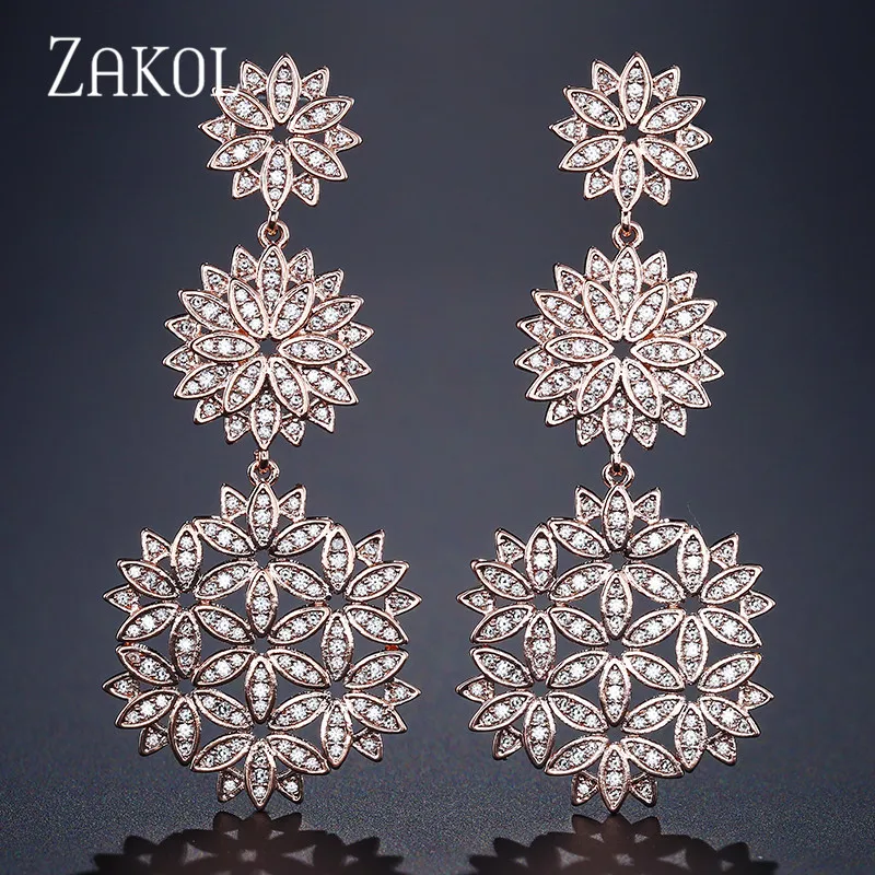 

ZAKOL Luxury CZ Zirconia Micro Paved Big Flower Drop Earrings Fashion Long Dangle Earrings for Brides Wedding Jewelry FSEP2137