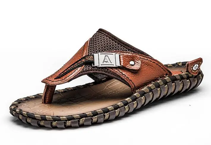 Мужские вьетнамки; тапочки из натуральной кожи летние модные пляжные сандалии обувь для Для мужчин большой размер 45 M327 - Цвет: Коричневый