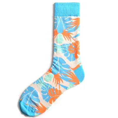Брендовые мужские носки в стиле Харадзюку, в стиле хип-хоп, из чесаного хлопка, цветные, веселые, веселые, космонавты и ракеты, Акула, теплые носки, мужские носки, рождественские подарки - Цвет: Blue leaves