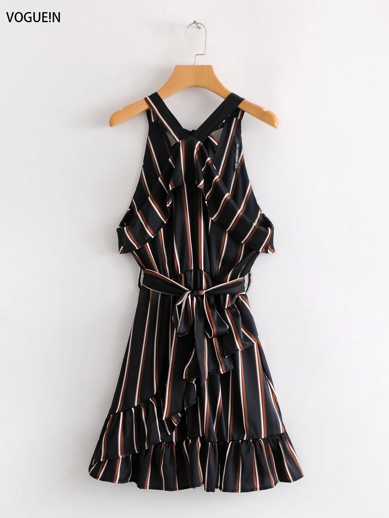 

VOGUEIN New Womens Summer Sexy Halter Striped Sleeveless Striped Bow Belt Mini Dress Wholesale