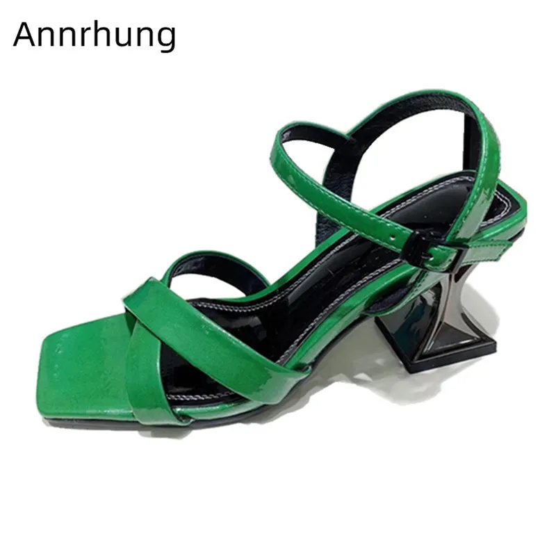 

Strange Heel Shoes Women Green Cross Strap Sandals Concise Open Toe Square Toe High Square Cup Heel Sandalias Zapatos Mujer