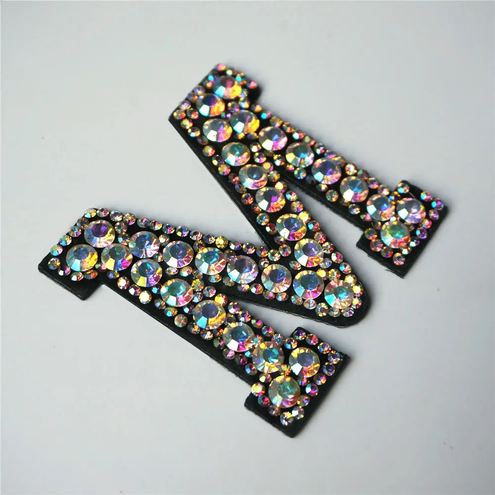 

M Letters Rhinestones ABC Alphabet Sew Iron On Patches Rainbow Shining Badges For Name DIY Jeans Appliques Craft Decoration