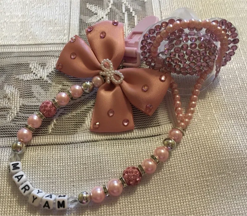 Personalised-any name set stunning pink bling pacifier clip holder dummy clip with bling pacifier for lovely baby