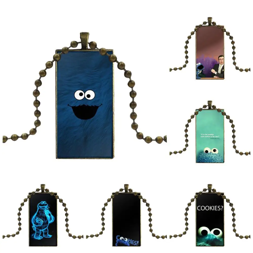 Fashion Glass Cabochon Pendant Necklace Women Bronze Color Choker Rectangle For Unisex Cartoon Cookie Monsters Slim | Украшения и