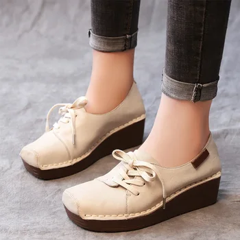 

2019 autumn new fashion simple solid color thick sole casual shoes women retro style leather comfortable square toe flat shoes